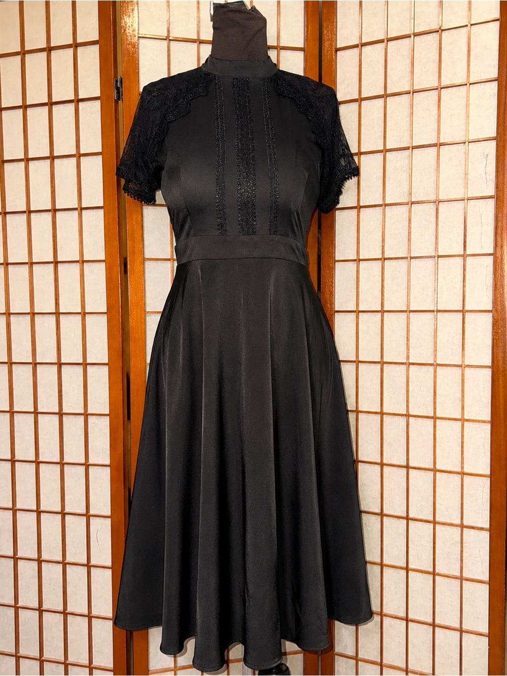 Elegant Black Lace-Trim Midi Dress